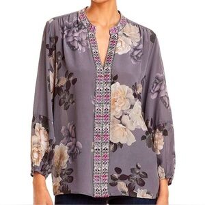 Johnny‎ Was Workshop Floral V-Neck Silk Blouse with Embroidery Gray Medium